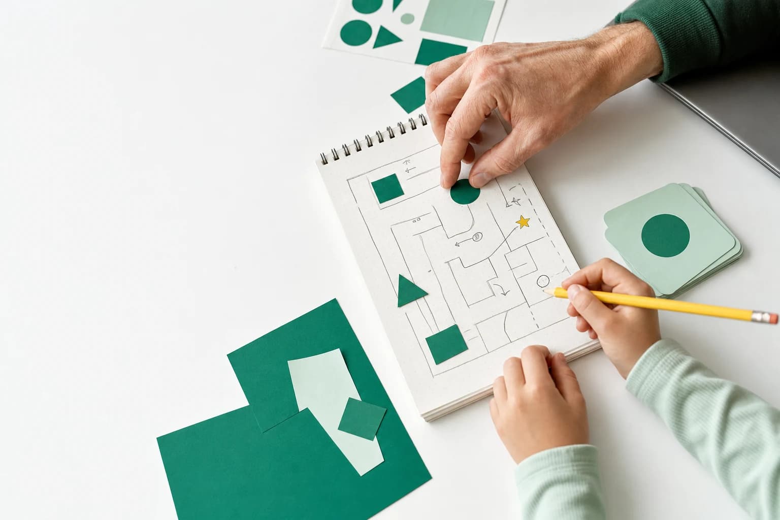 Hands arranging colorful paper ideas around a family project.