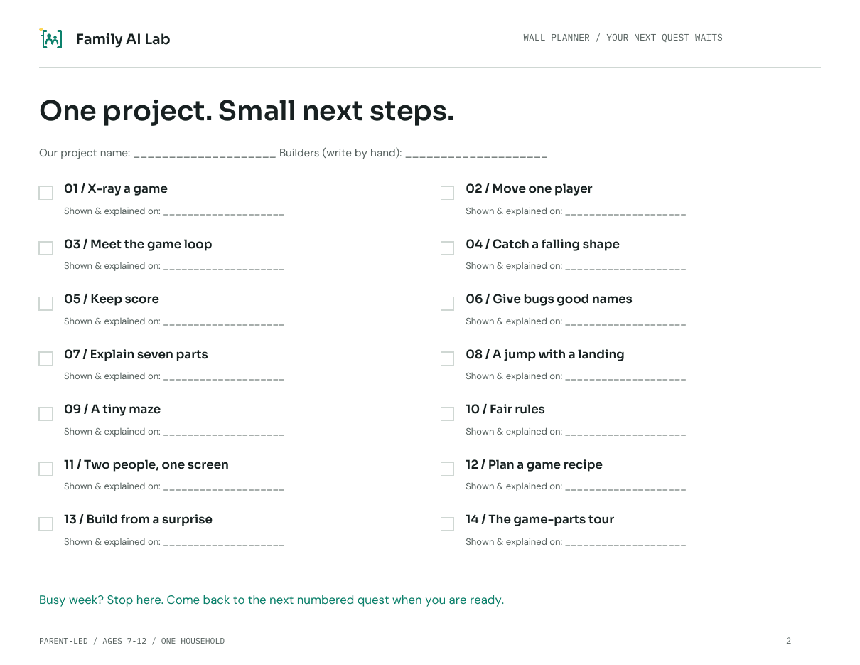 A real page from the Game Engine Secrets kit, showing the quest layout and instructions.